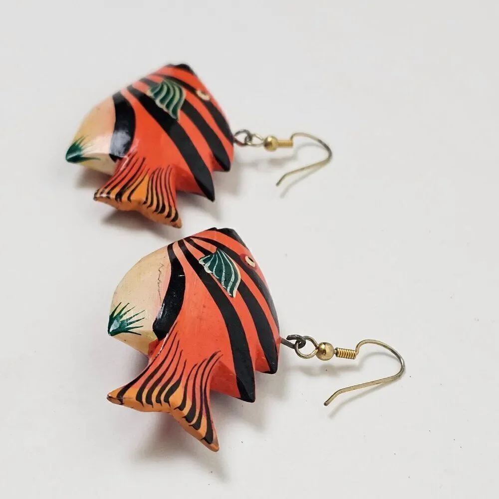 Vintage Fish Hand Painted Orange Wood Dangle Hook Pierced Tropical Boho Earrings